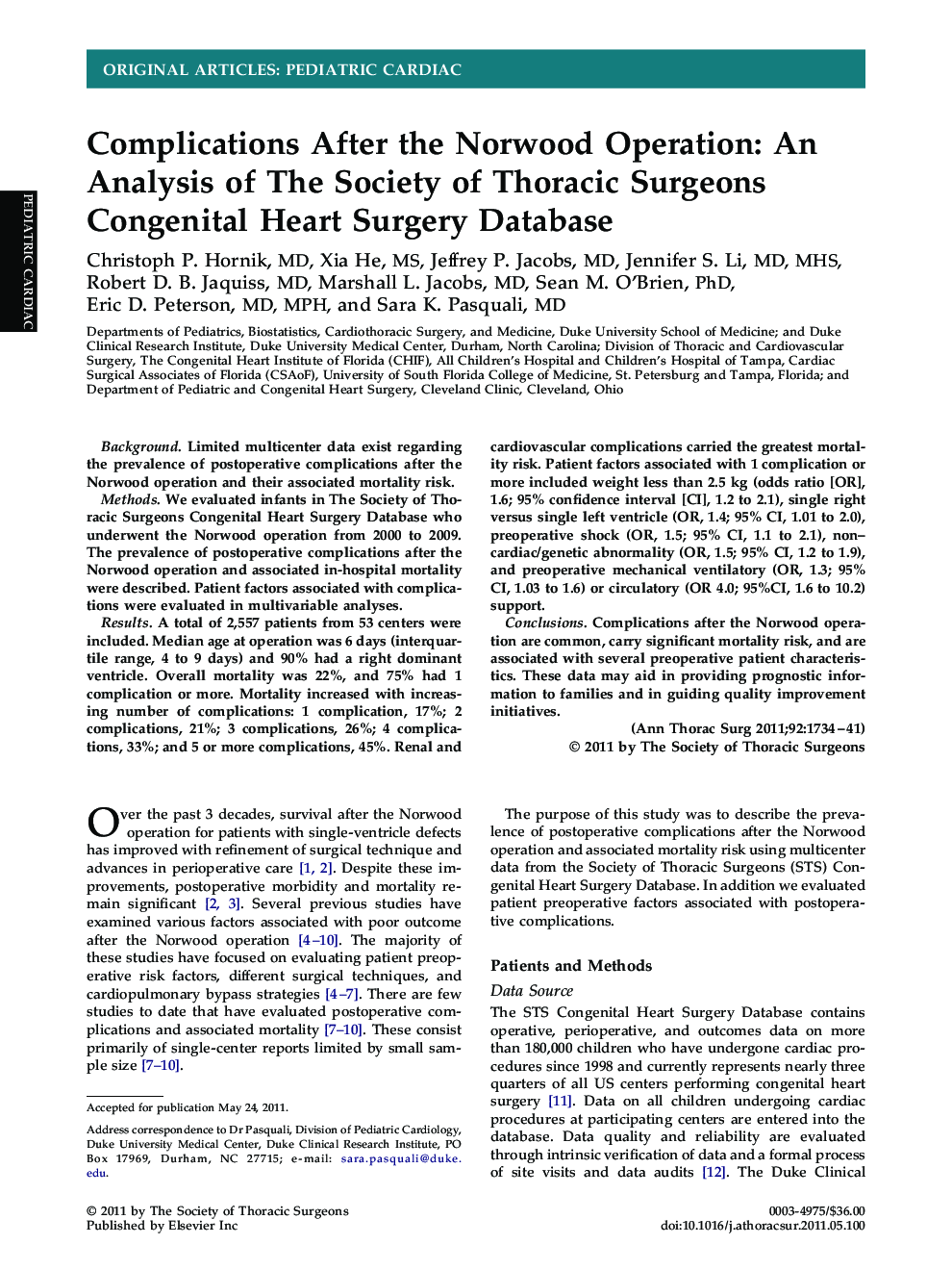 Complications After the Norwood Operation: An Analysis of The Society of Thoracic Surgeons Congenital Heart Surgery Database