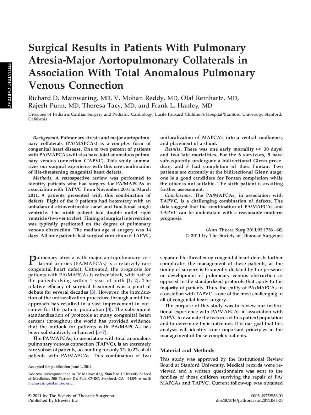 Surgical Results in Patients With Pulmonary Atresia-Major Aortopulmonary Collaterals in Association With Total Anomalous Pulmonary Venous Connection
