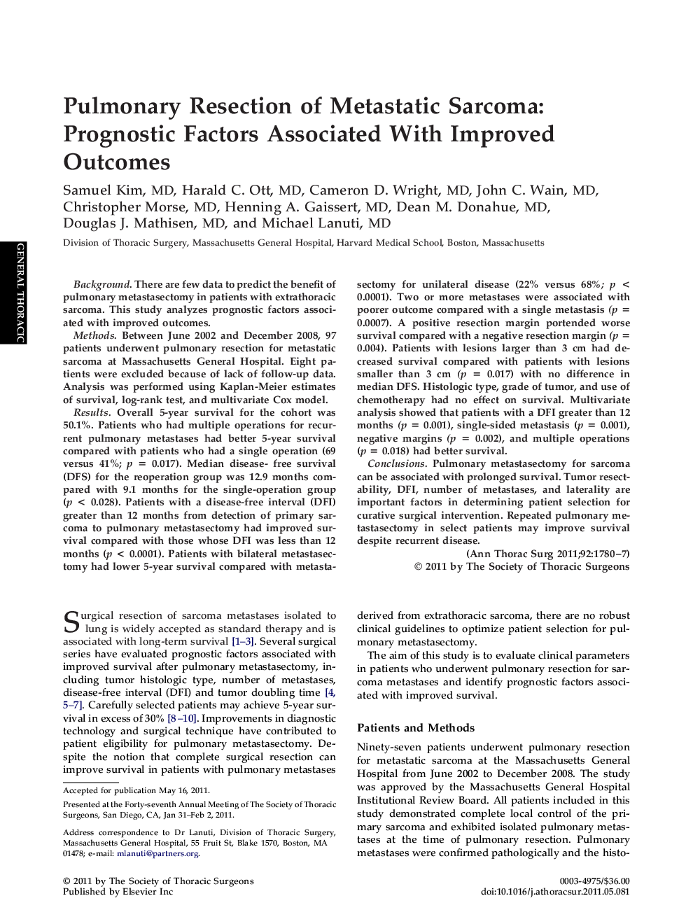 Pulmonary Resection of Metastatic Sarcoma: Prognostic Factors Associated With Improved Outcomes