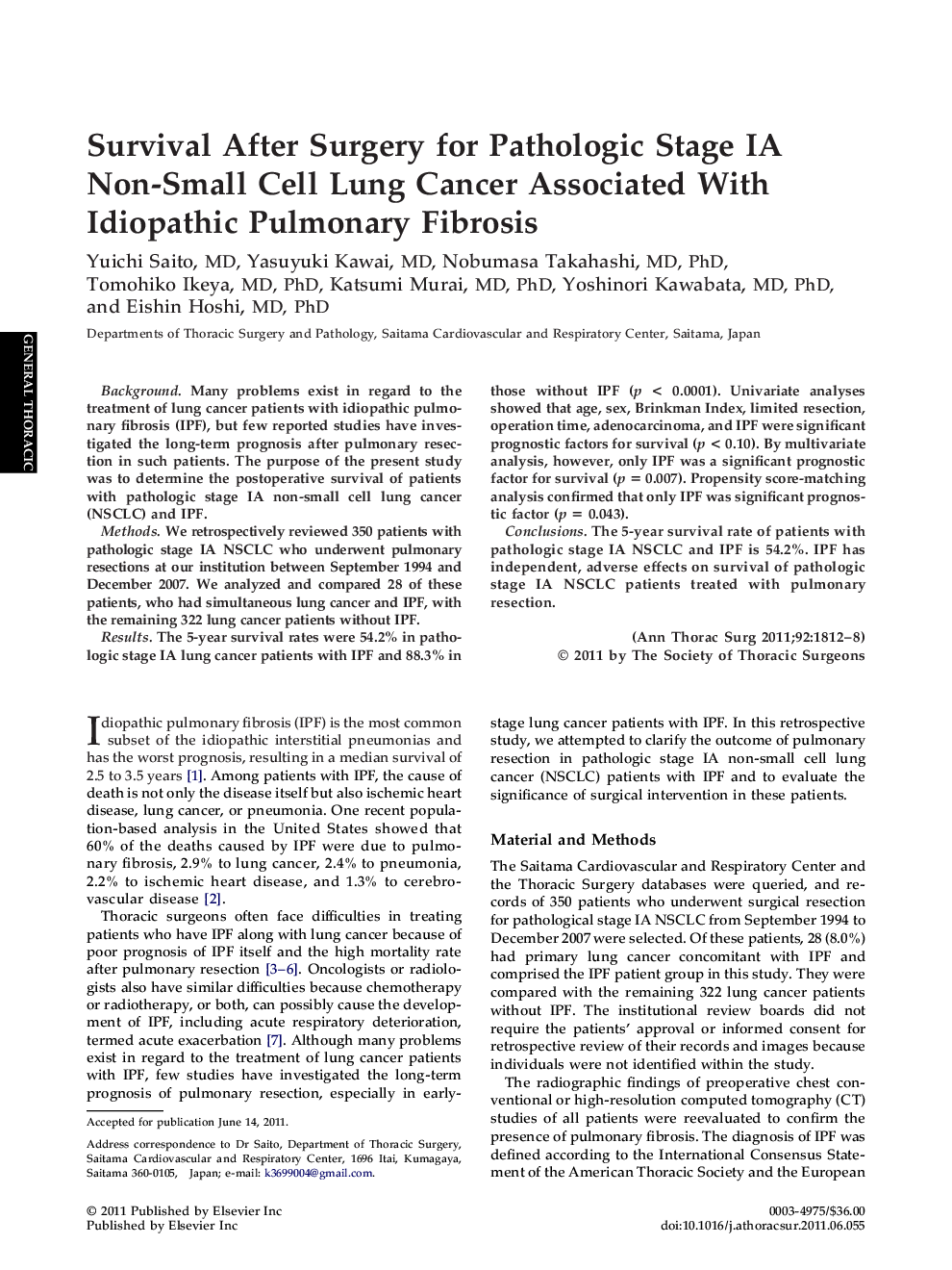 Survival After Surgery for Pathologic Stage IA Non-Small Cell Lung Cancer Associated With Idiopathic Pulmonary Fibrosis