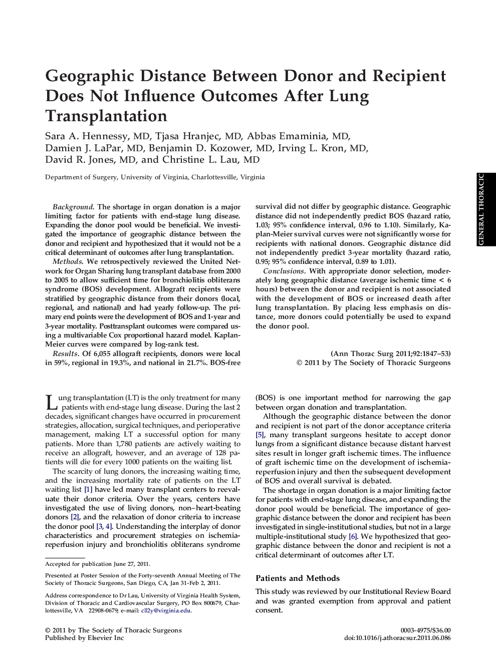 Geographic Distance Between Donor and Recipient Does Not Influence Outcomes After Lung Transplantation