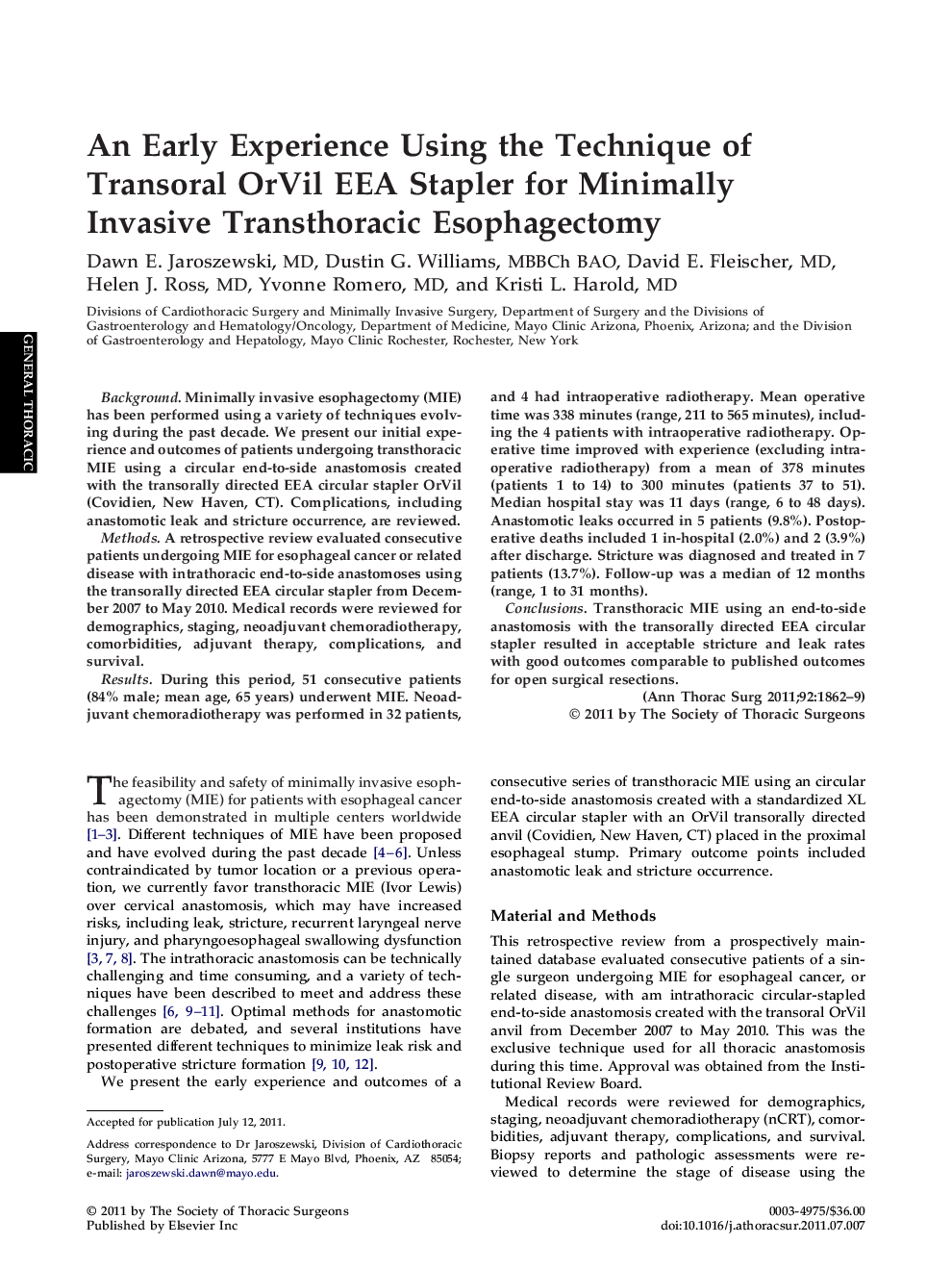An Early Experience Using the Technique of Transoral OrVil EEA Stapler for Minimally Invasive Transthoracic Esophagectomy