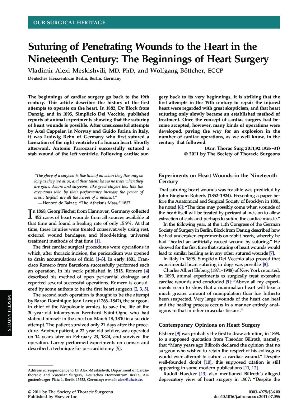 Suturing of Penetrating Wounds to the Heart in the Nineteenth Century: The Beginnings of Heart Surgery