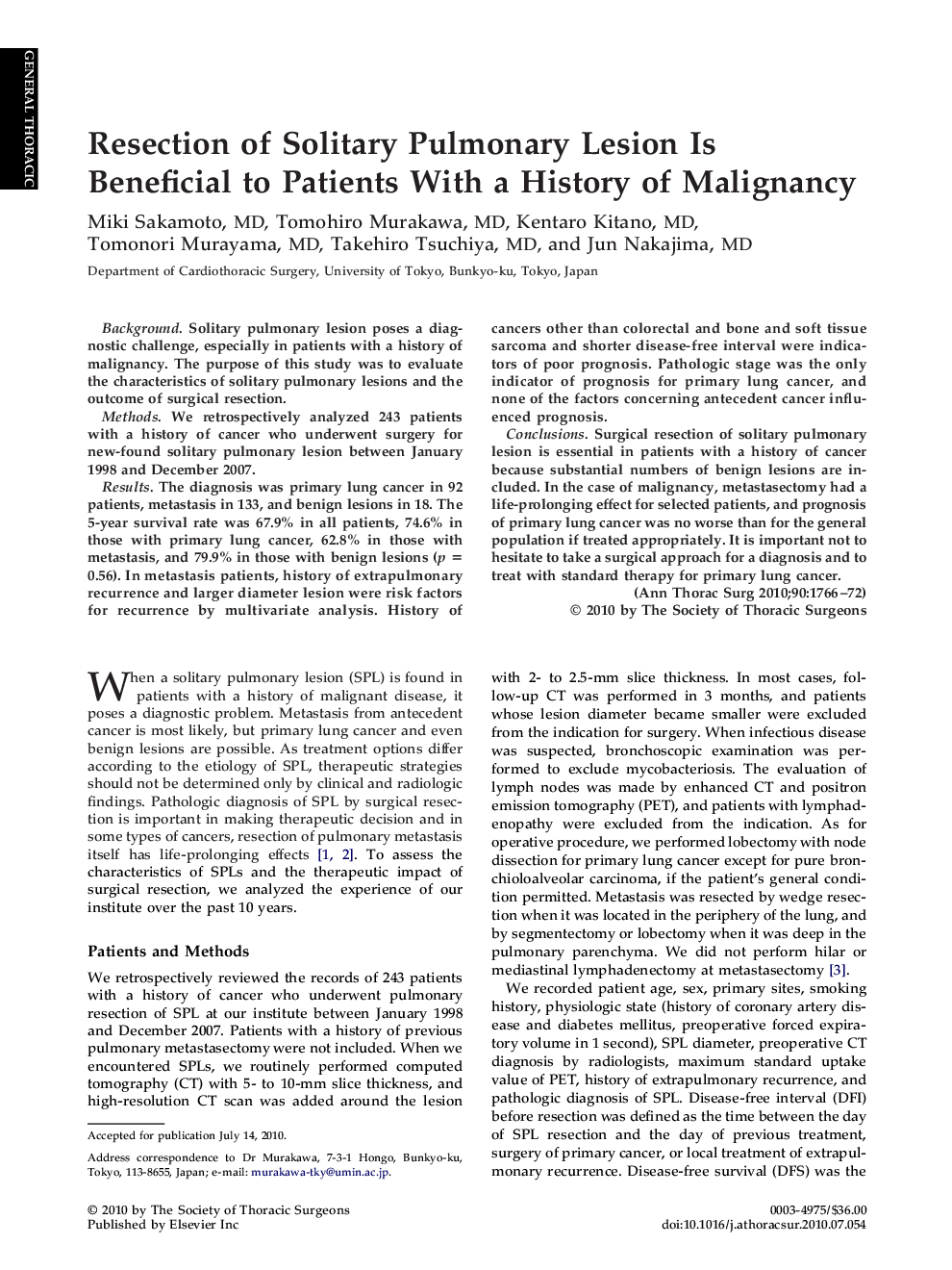 Resection of Solitary Pulmonary Lesion Is Beneficial to Patients With a History of Malignancy