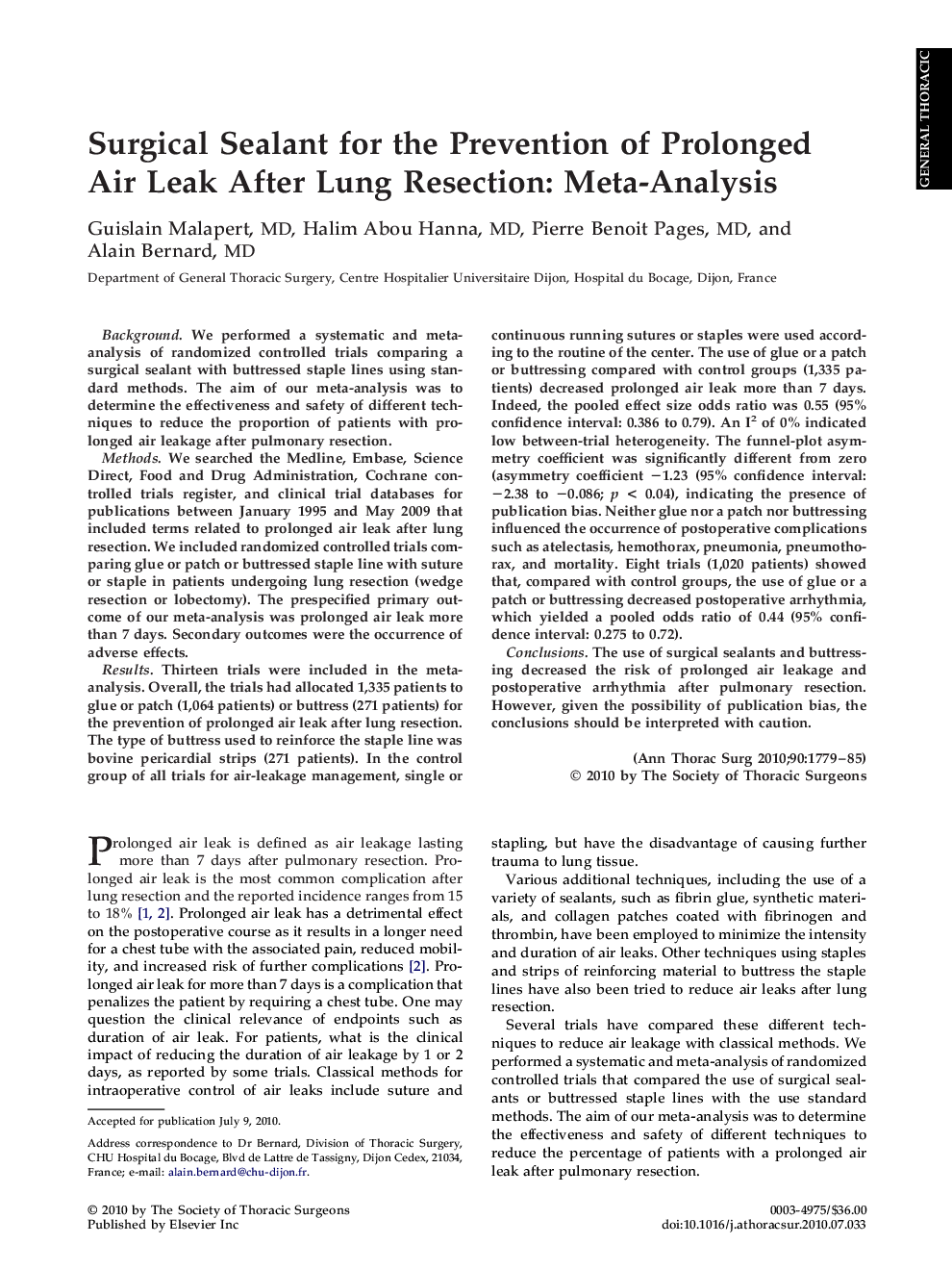 Surgical Sealant for the Prevention of Prolonged Air Leak After Lung Resection: Meta-Analysis