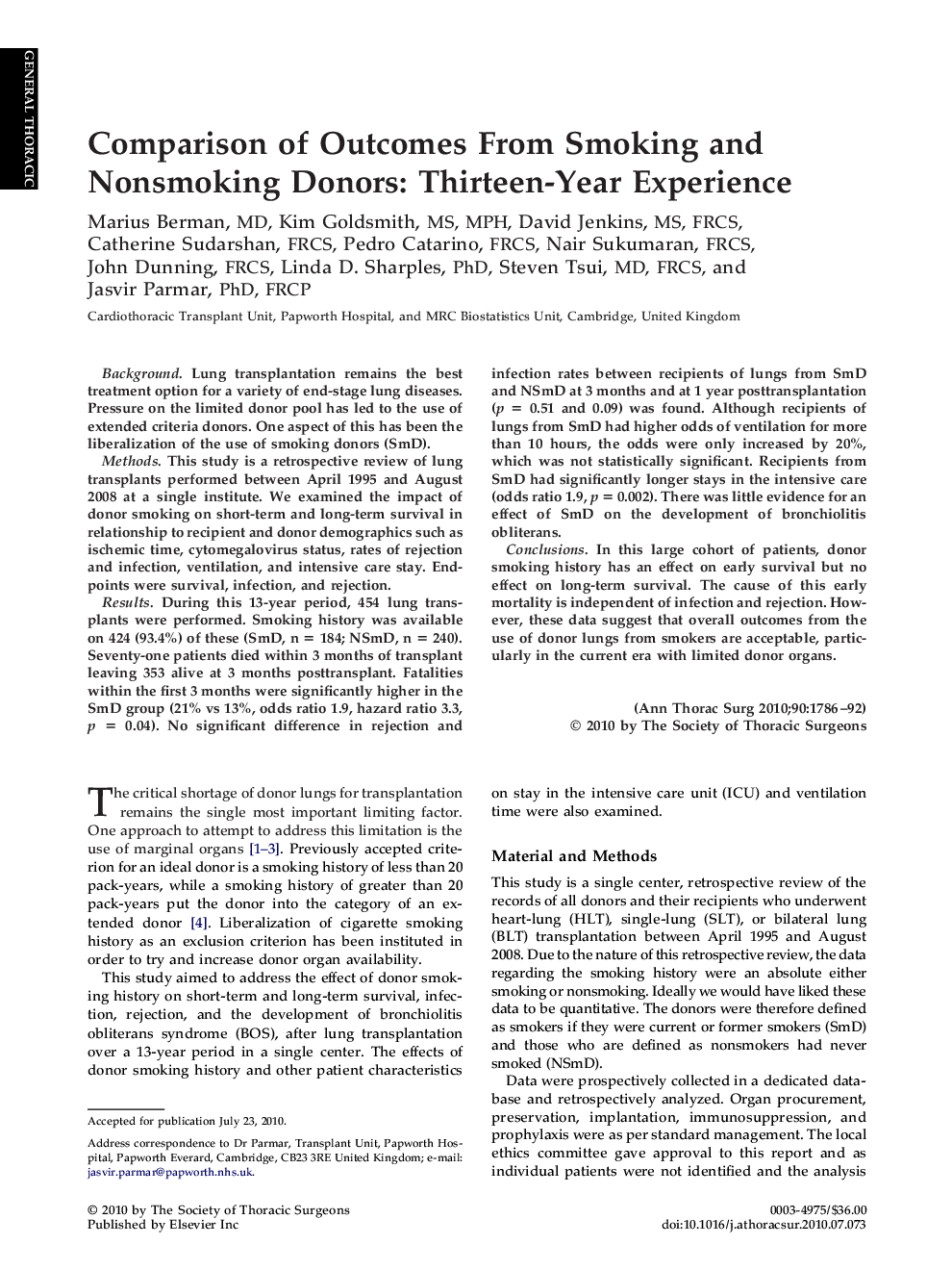 Comparison of Outcomes From Smoking and Nonsmoking Donors: Thirteen-Year Experience