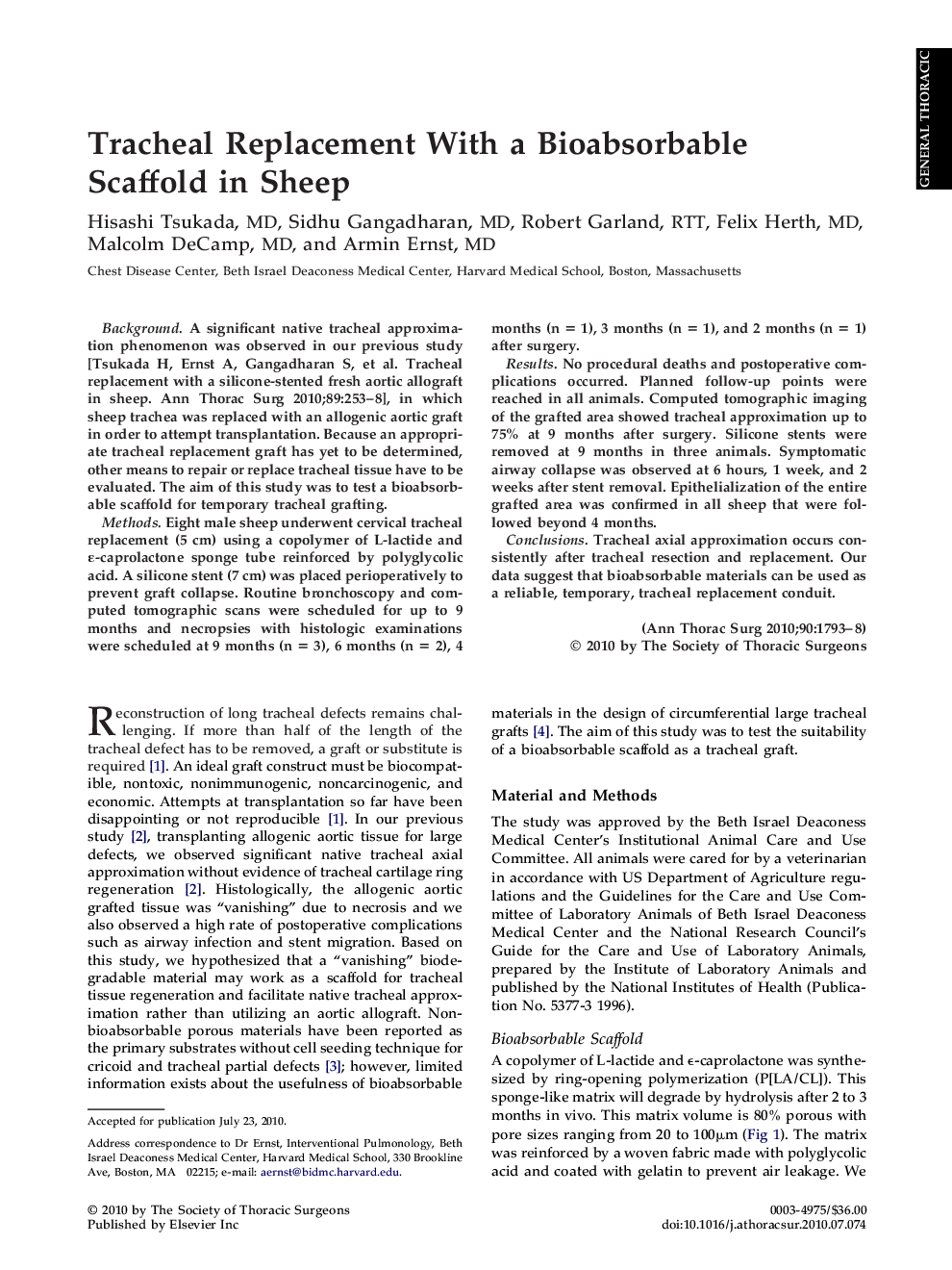 Tracheal Replacement With a Bioabsorbable Scaffold in Sheep