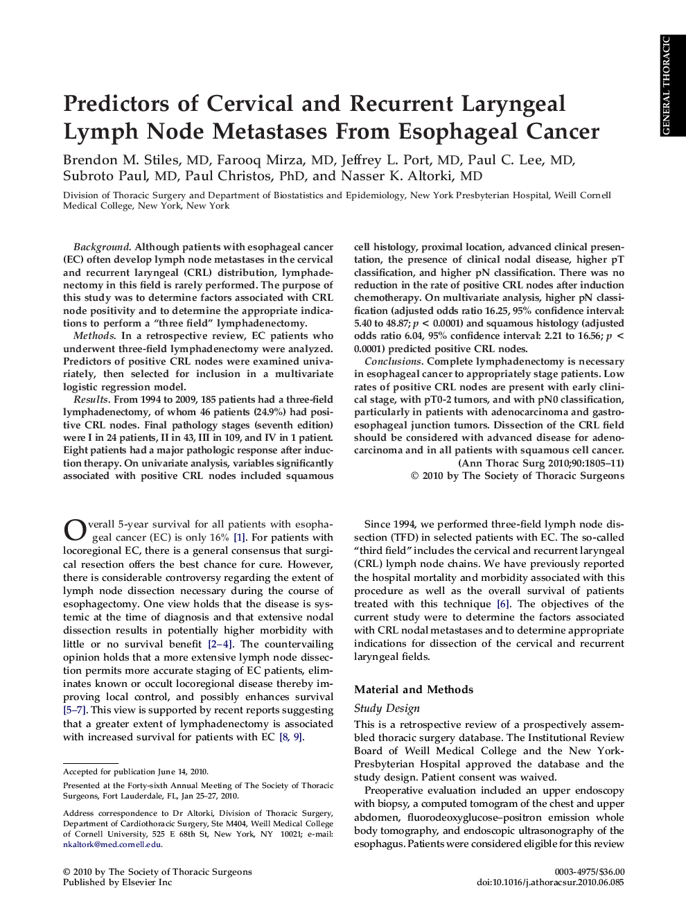 Predictors of Cervical and Recurrent Laryngeal Lymph Node Metastases From Esophageal Cancer
