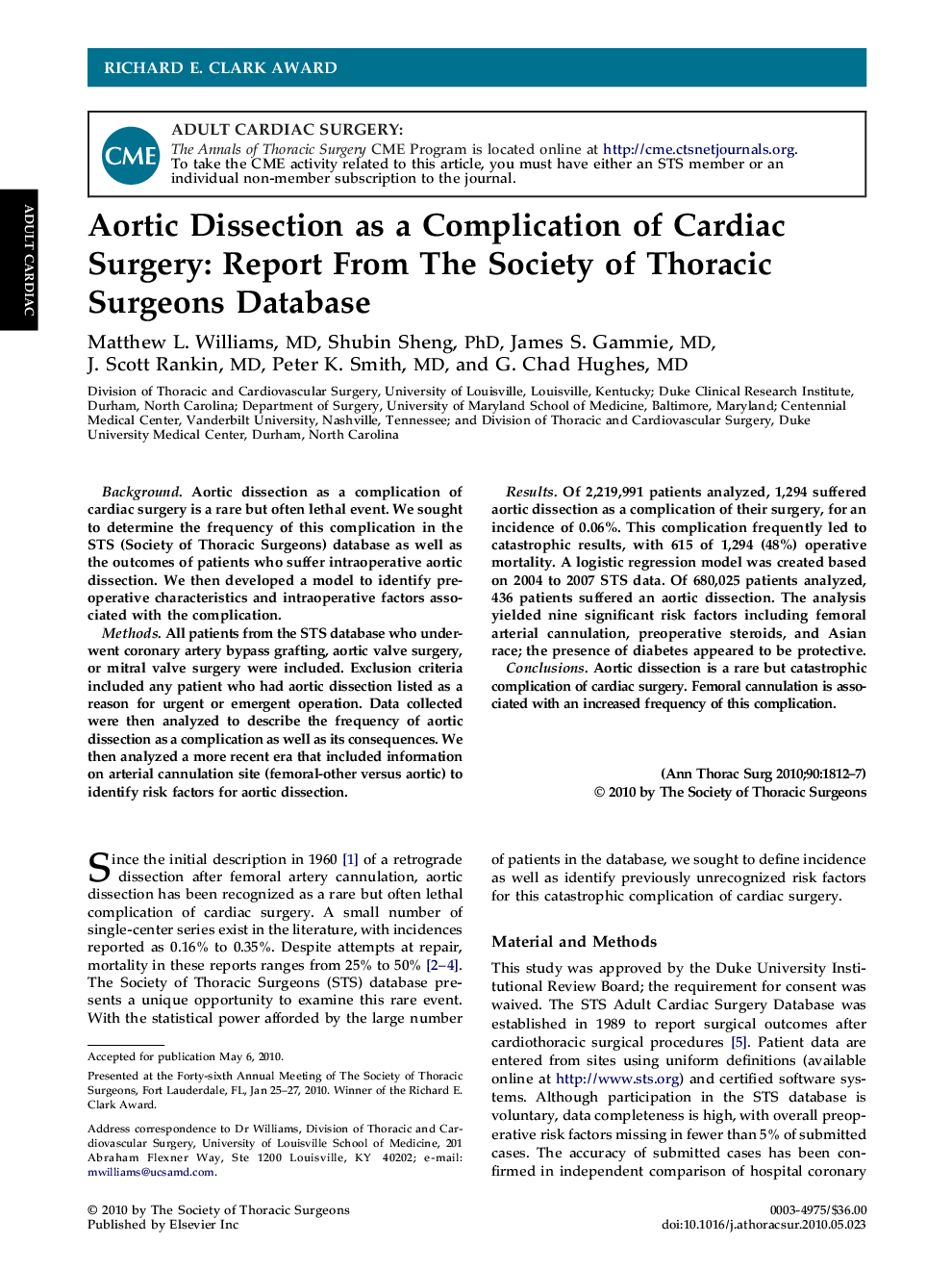 Aortic Dissection as a Complication of Cardiac Surgery: Report From The Society of Thoracic Surgeons Database