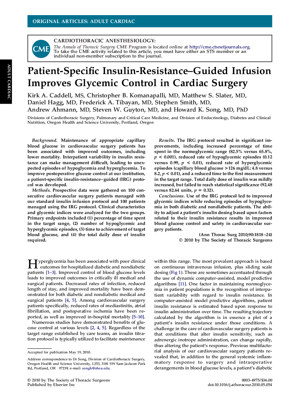 Patient-Specific Insulin-Resistance-Guided Infusion Improves Glycemic Control in Cardiac Surgery