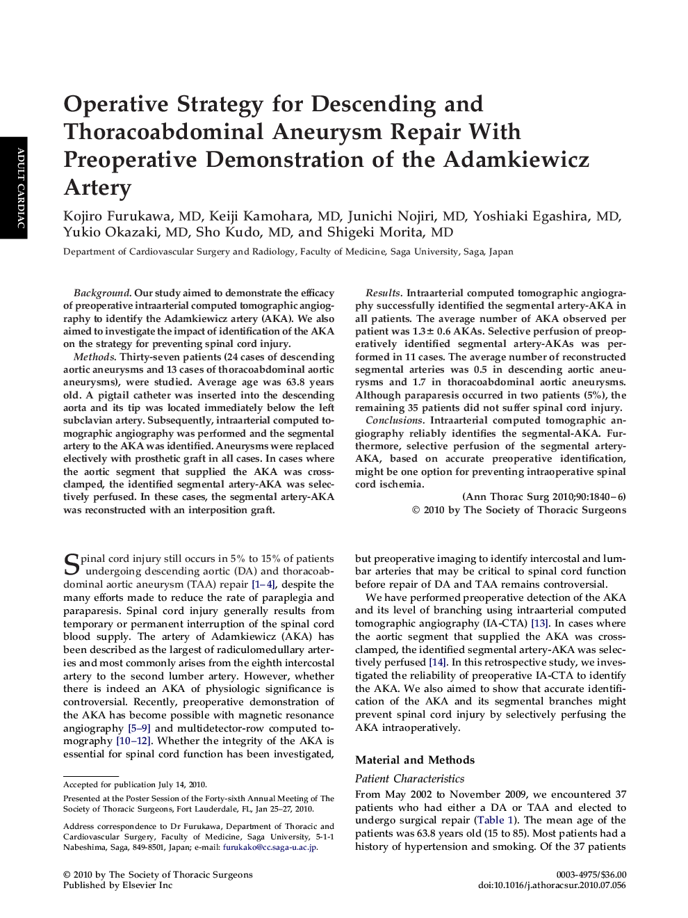 Operative Strategy for Descending and Thoracoabdominal Aneurysm Repair With Preoperative Demonstration of the Adamkiewicz Artery