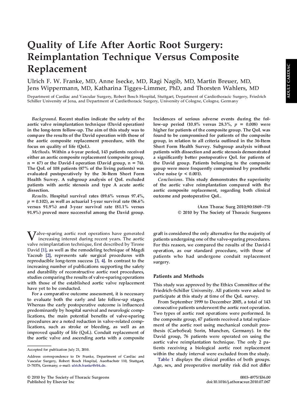 Quality of Life After Aortic Root Surgery: Reimplantation Technique Versus Composite Replacement