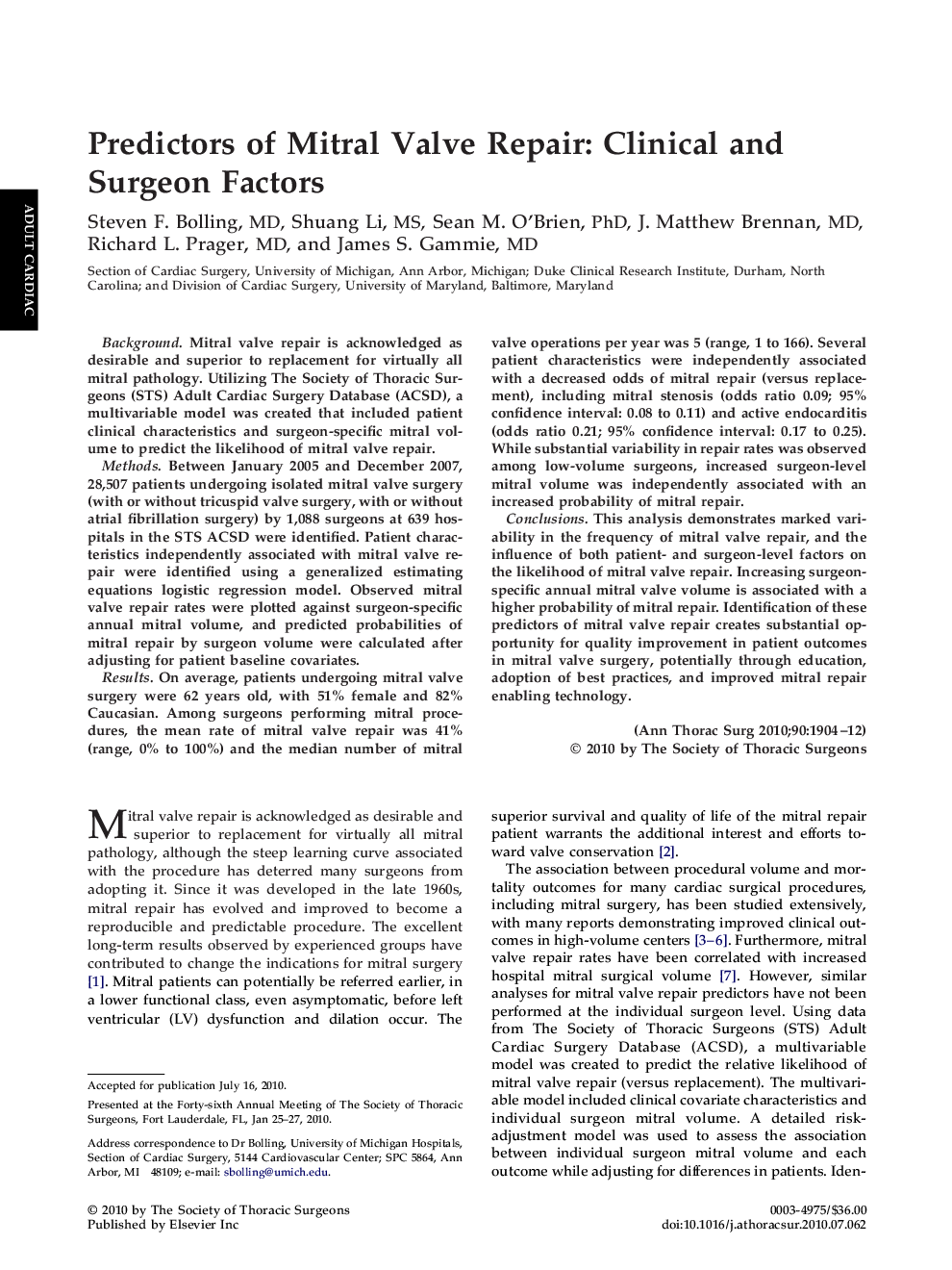 Predictors of Mitral Valve Repair: Clinical and Surgeon Factors