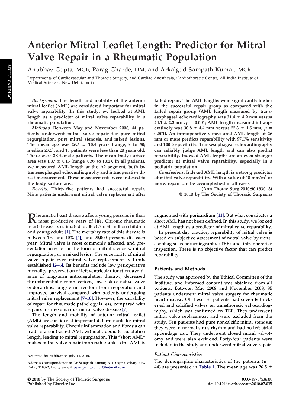 Anterior Mitral Leaflet Length: Predictor for Mitral Valve Repair in a Rheumatic Population