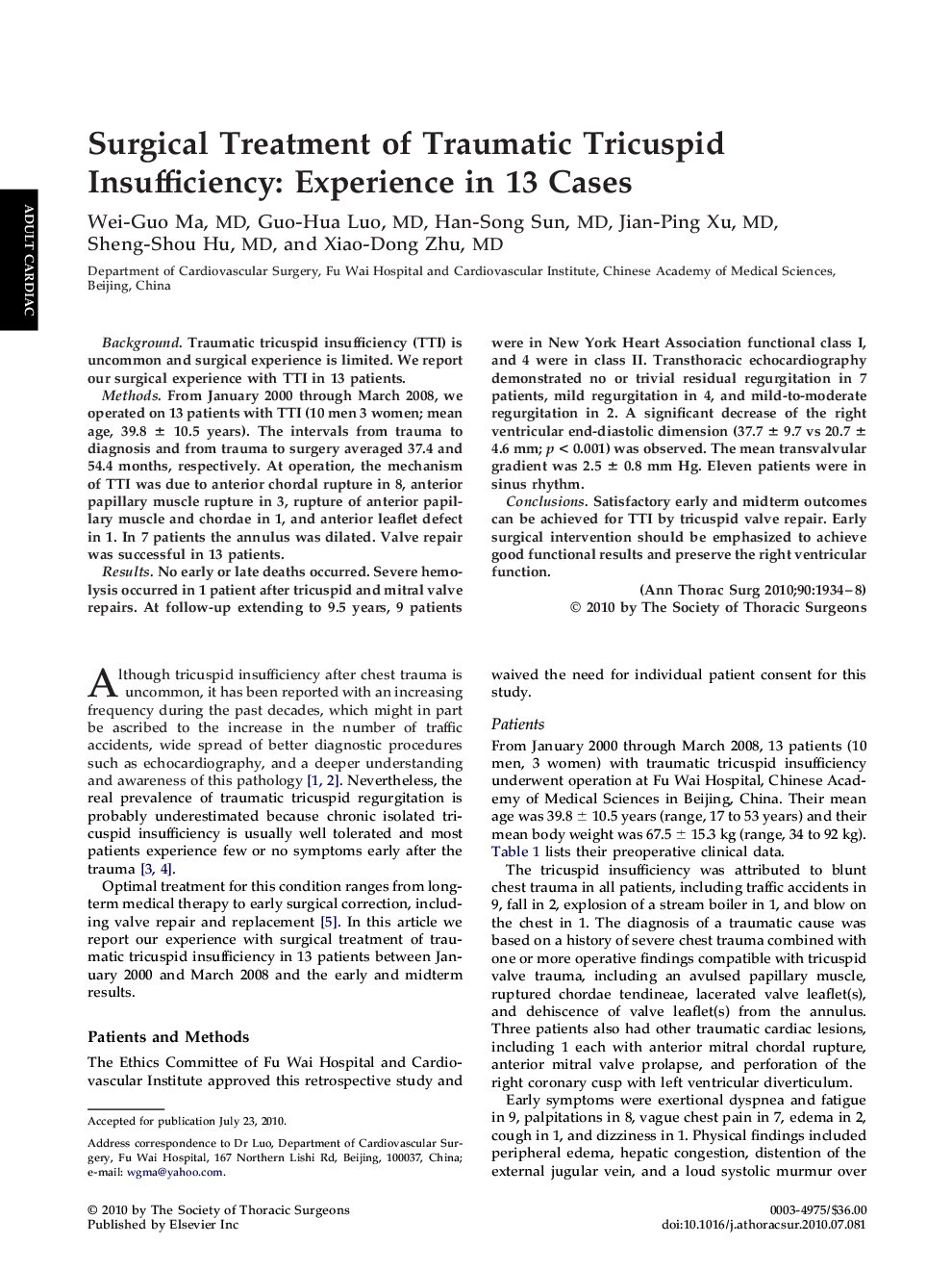 Surgical Treatment of Traumatic Tricuspid Insufficiency: Experience in 13 Cases