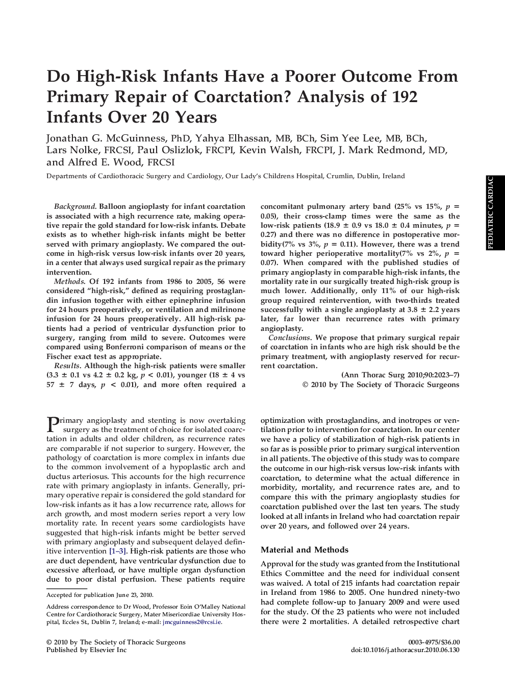 Do High-Risk Infants Have a Poorer Outcome From Primary Repair of Coarctation? Analysis of 192 Infants Over 20 Years