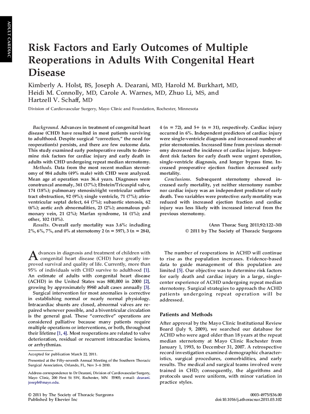 Risk Factors and Early Outcomes of Multiple Reoperations in Adults With Congenital Heart Disease