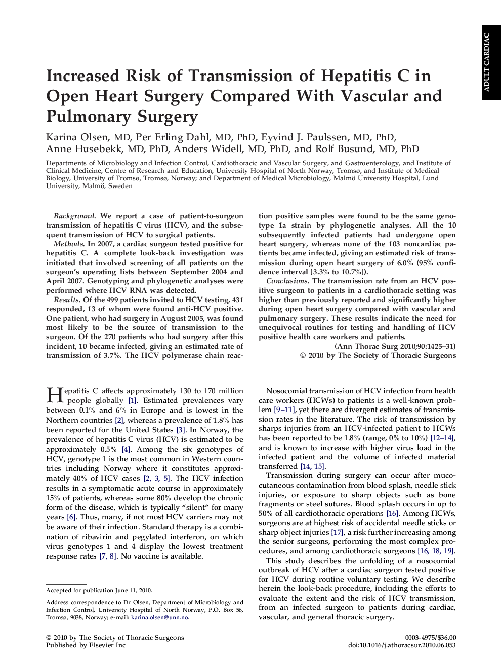 Increased Risk of Transmission of Hepatitis C in Open Heart Surgery Compared With Vascular and Pulmonary Surgery