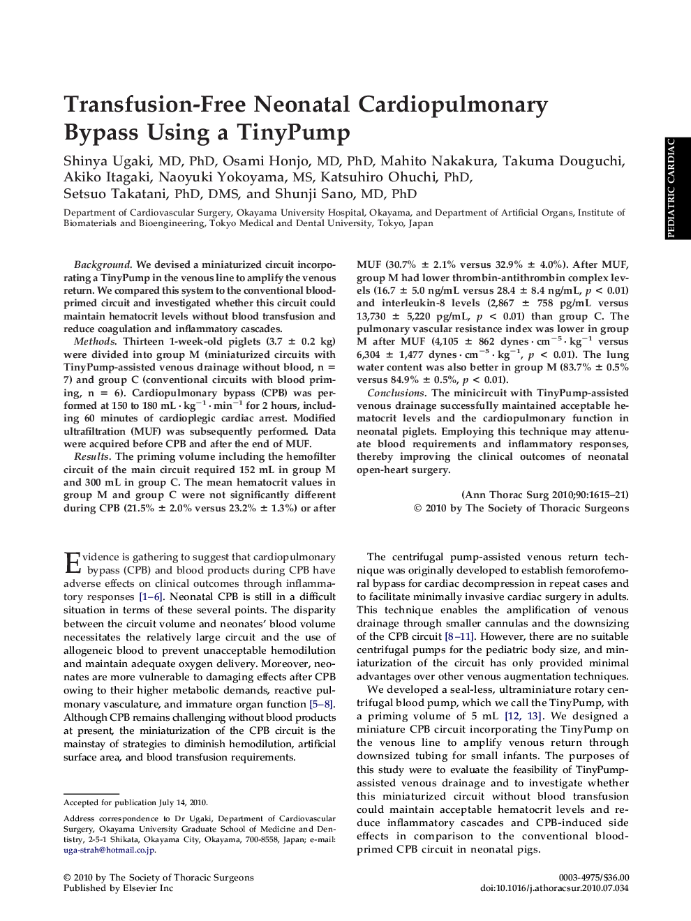 Transfusion-Free Neonatal Cardiopulmonary Bypass Using a TinyPump