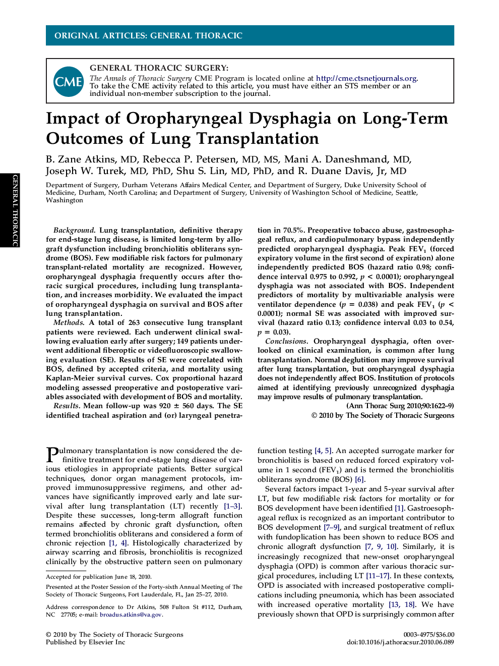 Impact of Oropharyngeal Dysphagia on Long-Term Outcomes of Lung Transplantation