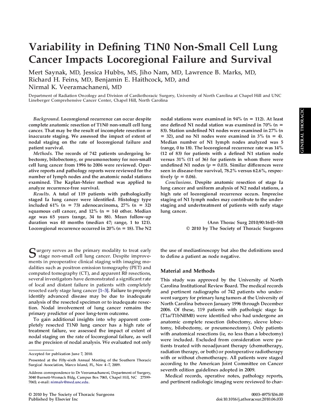 Variability in Defining T1N0 Non-Small Cell Lung Cancer Impacts Locoregional Failure and Survival