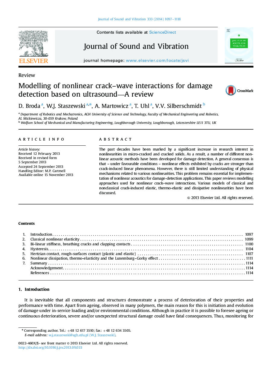 Modelling of nonlinear crack–wave interactions for damage detection based on ultrasound—A review