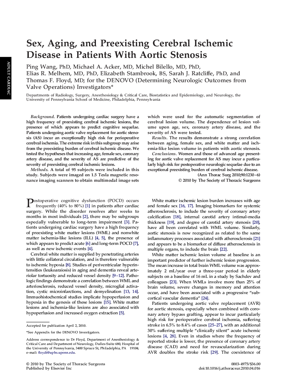 Sex, Aging, and Preexisting Cerebral Ischemic Disease in Patients With Aortic Stenosis