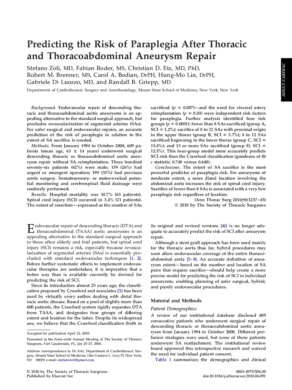 عکس صفحه اول مقاله: Predicting the Risk of Paraplegia After Thoracic and Thoracoabdominal Aneurysm Repair Predicting the Risk of Paraplegia After Thoracic and Thoracoabdominal Aneurysm Repair