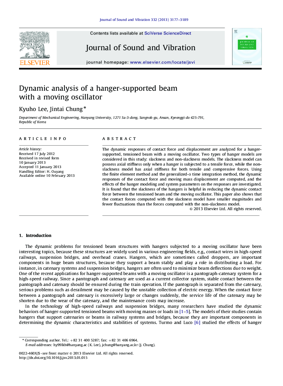 Dynamic analysis of a hanger-supported beam with a movingoscillator