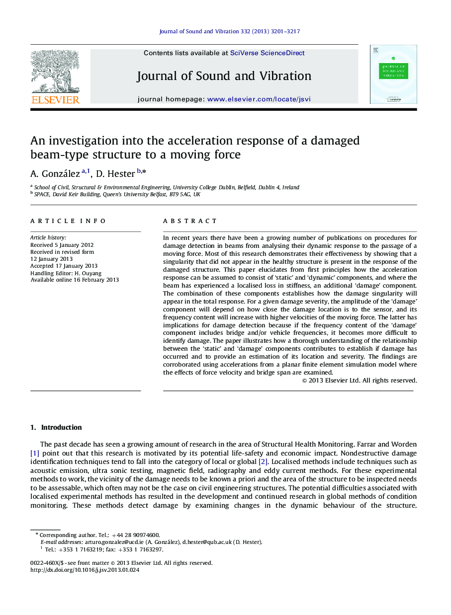 An investigation into the acceleration response of a damaged beam-type structure to a moving force