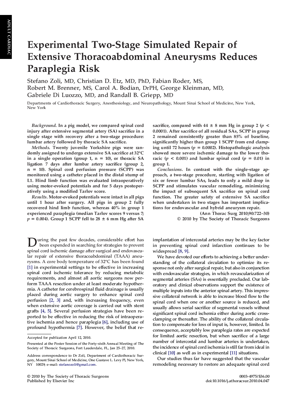 Experimental Two-Stage Simulated Repair of Extensive Thoracoabdominal Aneurysms Reduces Paraplegia Risk