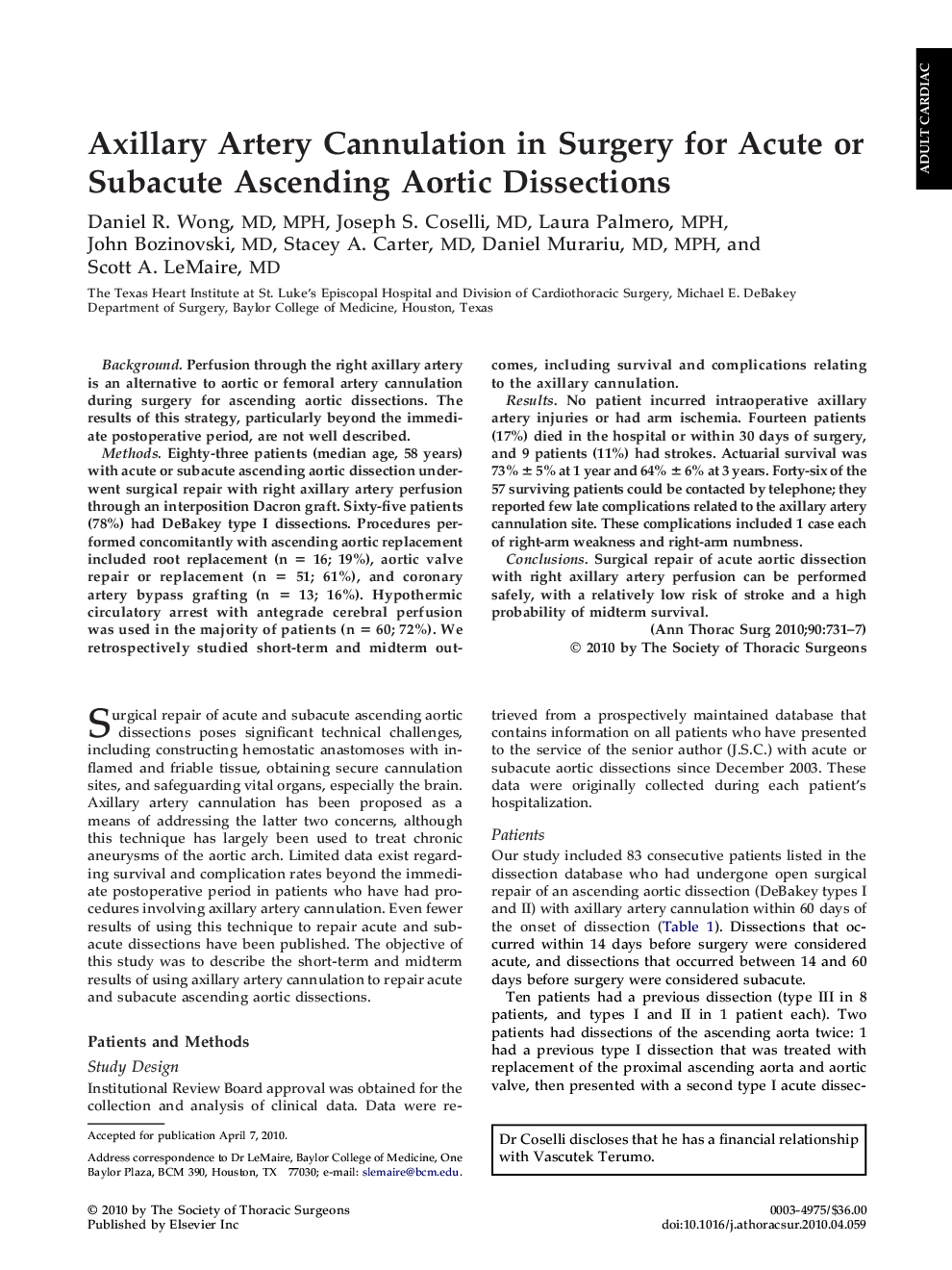 Axillary Artery Cannulation in Surgery for Acute or Subacute Ascending Aortic Dissections
