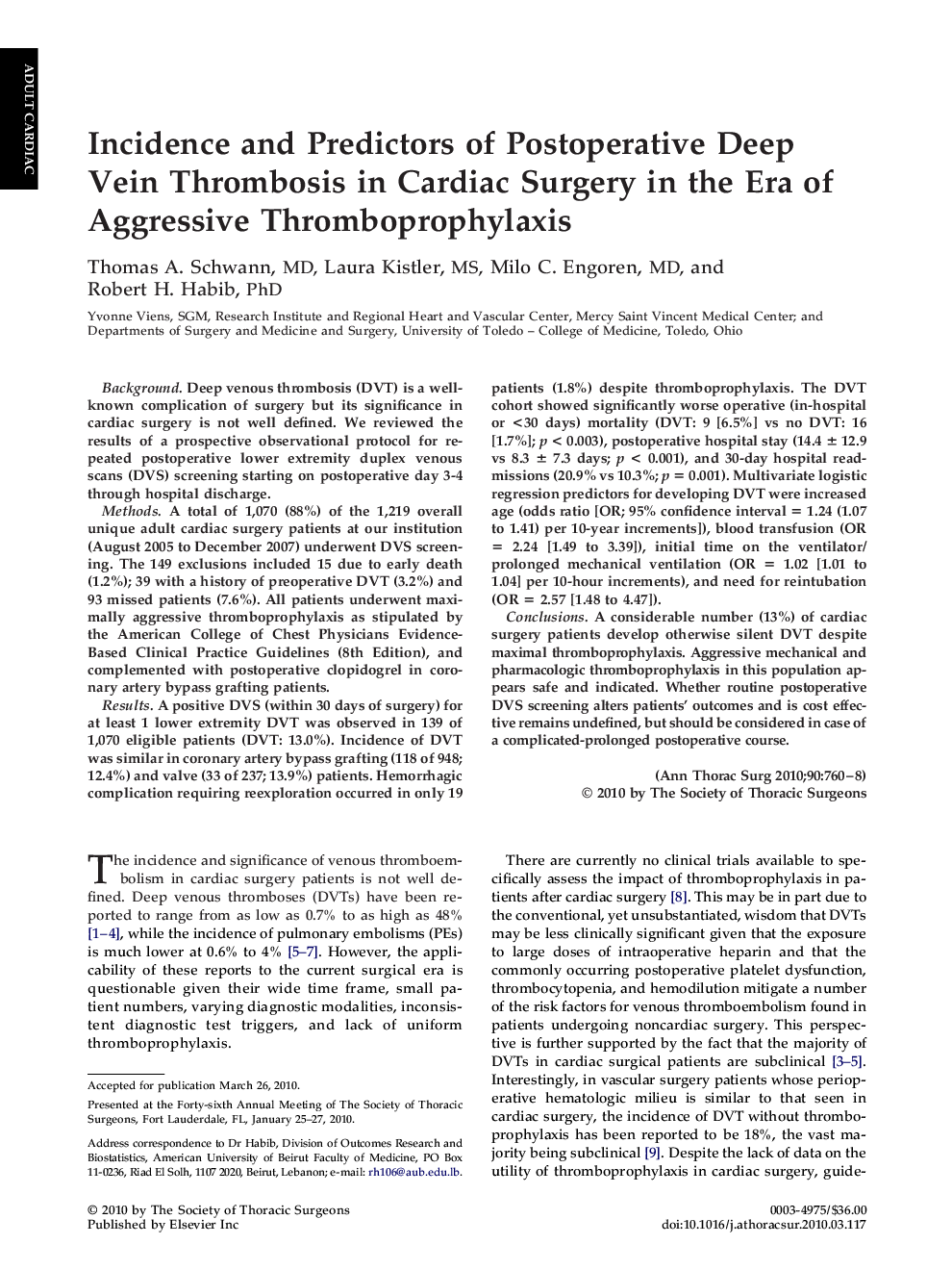 Incidence and Predictors of Postoperative Deep Vein Thrombosis in Cardiac Surgery in the Era of Aggressive Thromboprophylaxis
