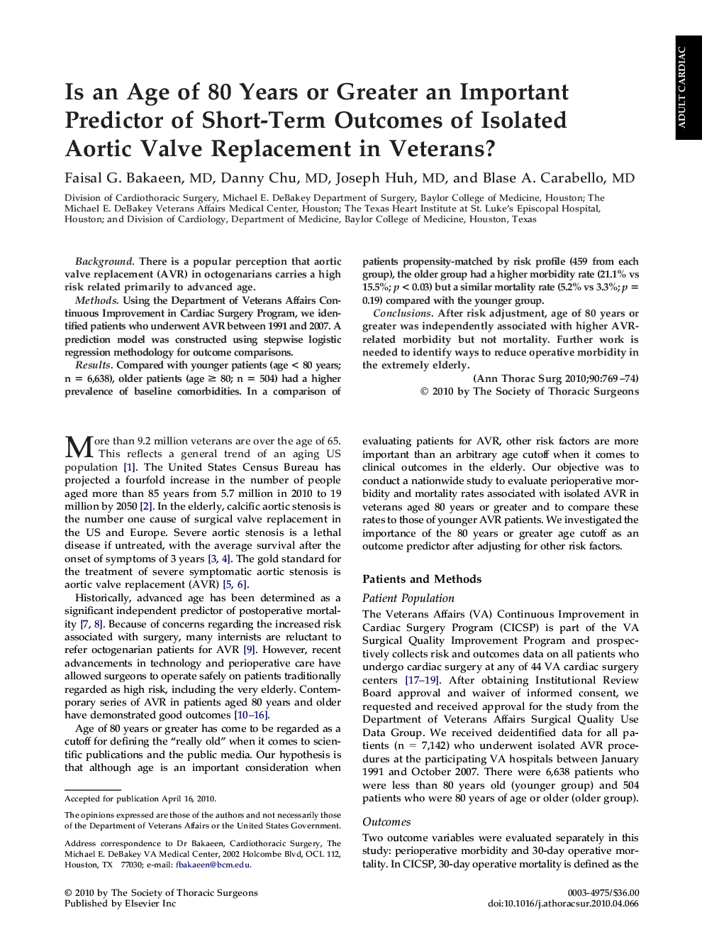 Is an Age of 80 Years or Greater an Important Predictor of Short-Term Outcomes of Isolated Aortic Valve Replacement in Veterans?