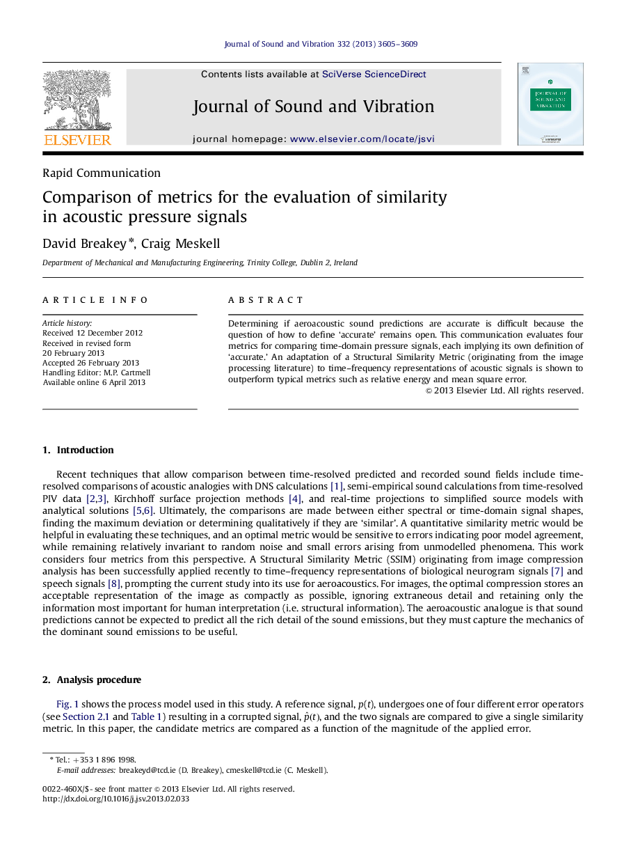 Comparison of metrics for the evaluation of similarity in acoustic pressure signals