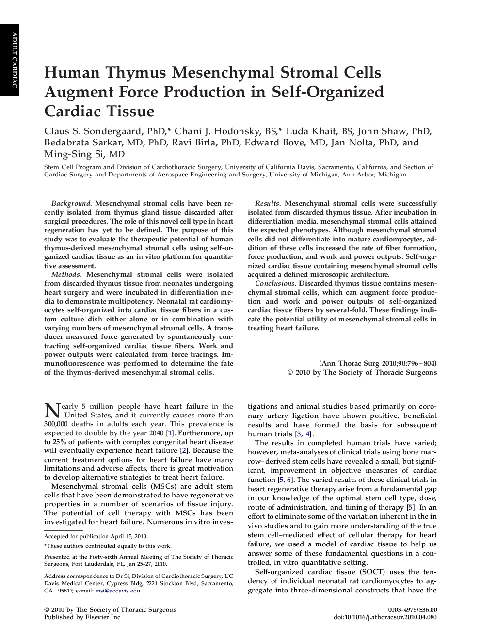 Human Thymus Mesenchymal Stromal Cells Augment Force Production in Self-Organized Cardiac Tissue