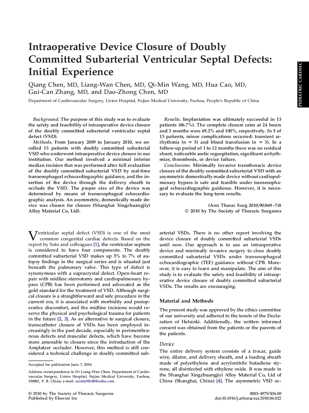 Intraoperative Device Closure of Doubly Committed Subarterial Ventricular Septal Defects: Initial Experience