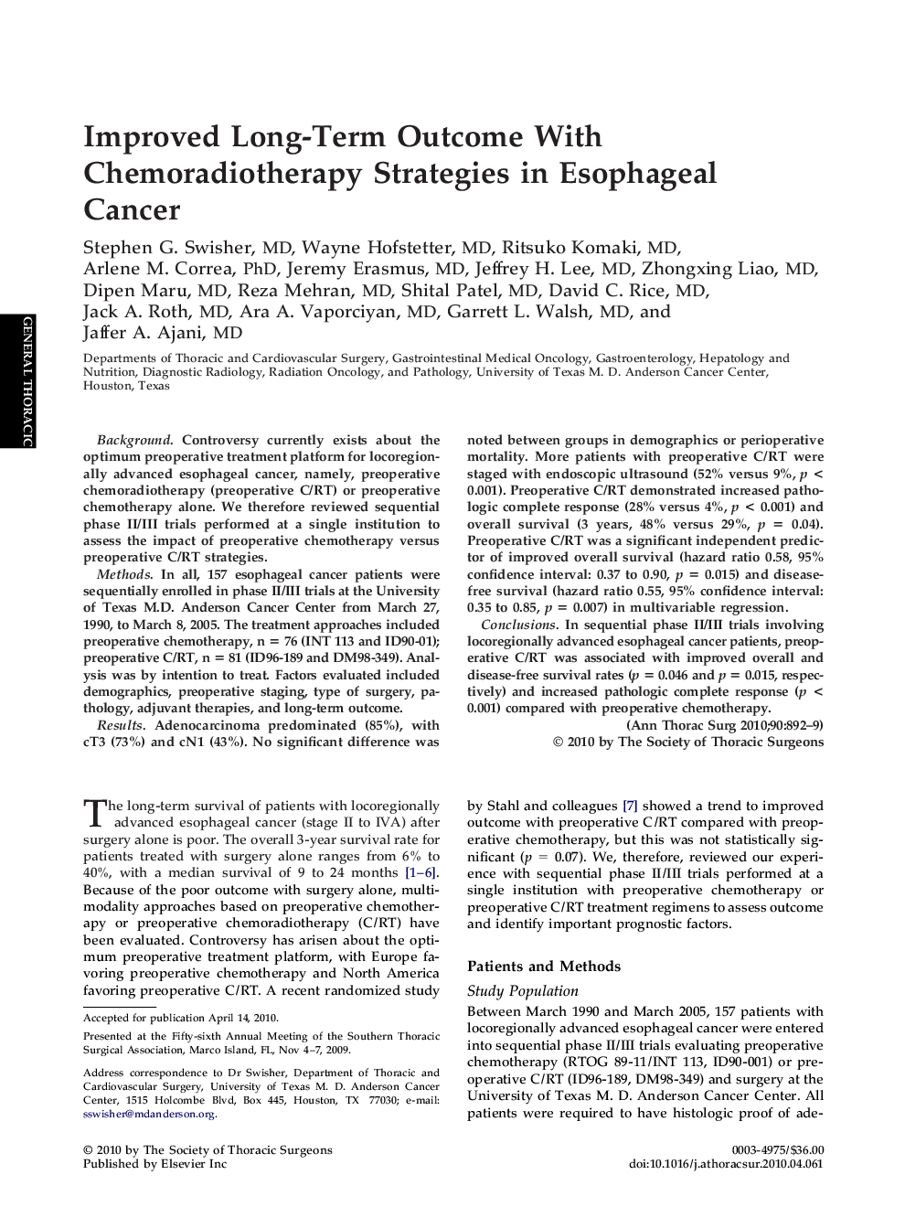 Improved Long-Term Outcome With Chemoradiotherapy Strategies in Esophageal Cancer