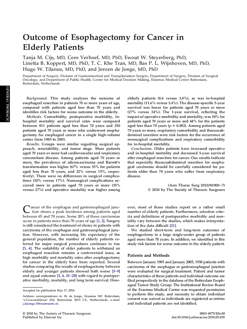 Outcome of Esophagectomy for Cancer in Elderly Patients
