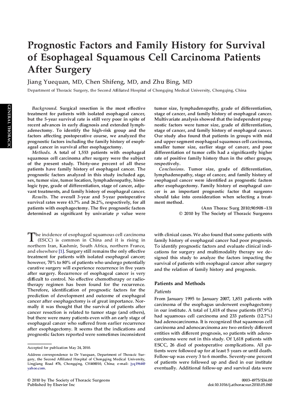 Prognostic Factors and Family History for Survival of Esophageal Squamous Cell Carcinoma Patients After Surgery