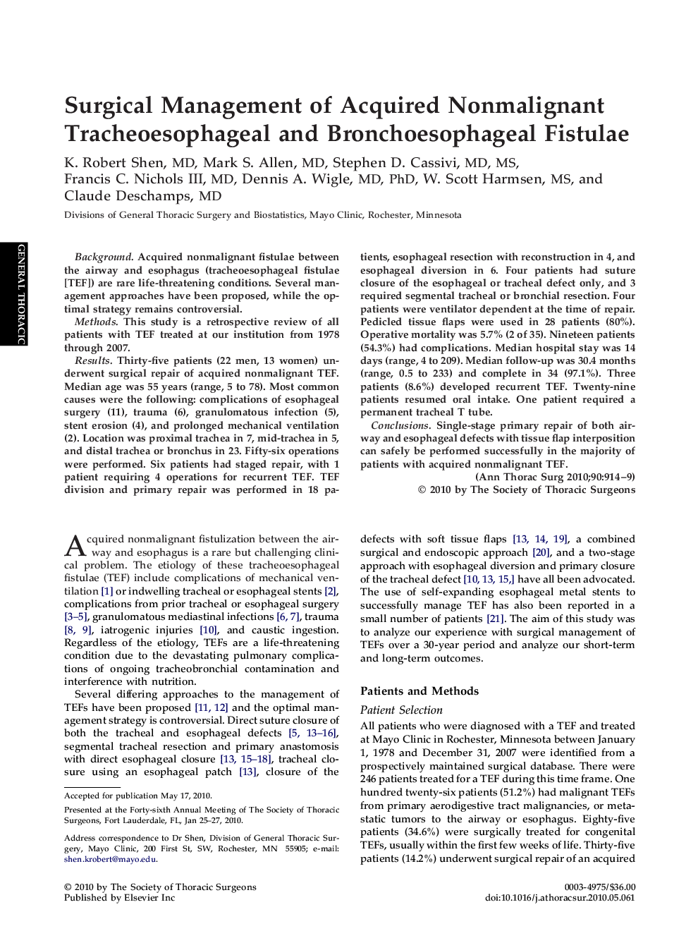 Surgical Management of Acquired Nonmalignant Tracheoesophageal and Bronchoesophageal Fistulae
