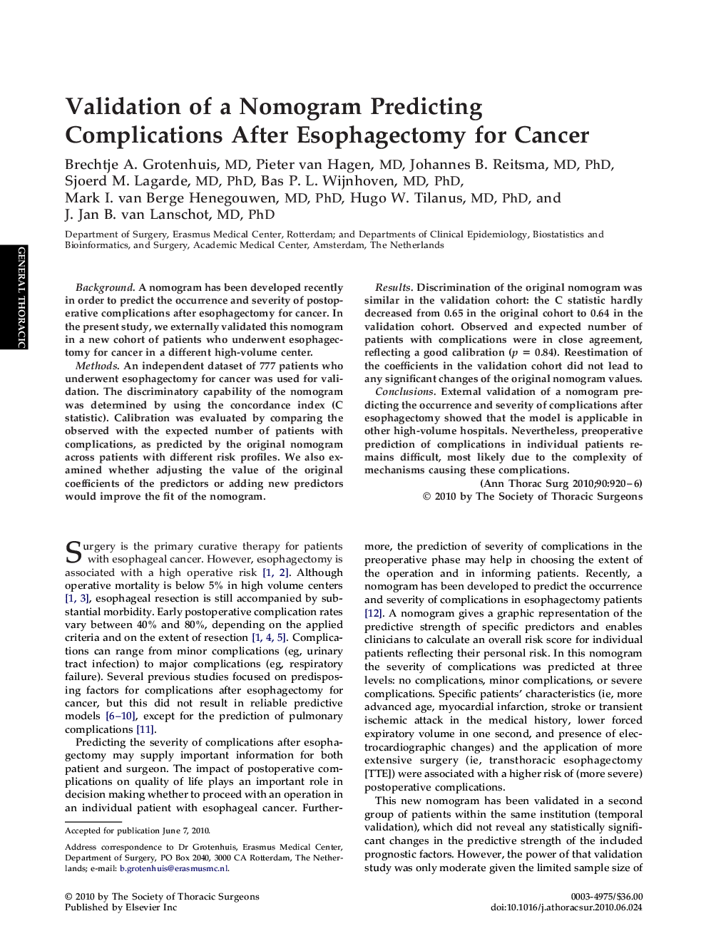 Validation of a Nomogram Predicting Complications After Esophagectomy for Cancer