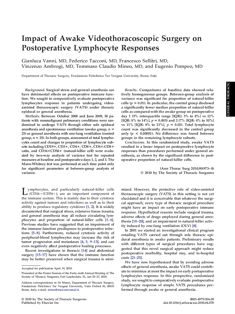 Impact of Awake Videothoracoscopic Surgery on Postoperative Lymphocyte Responses