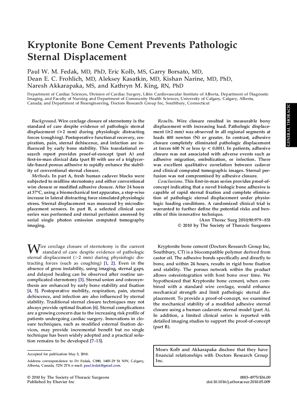 Kryptonite Bone Cement Prevents Pathologic Sternal Displacement