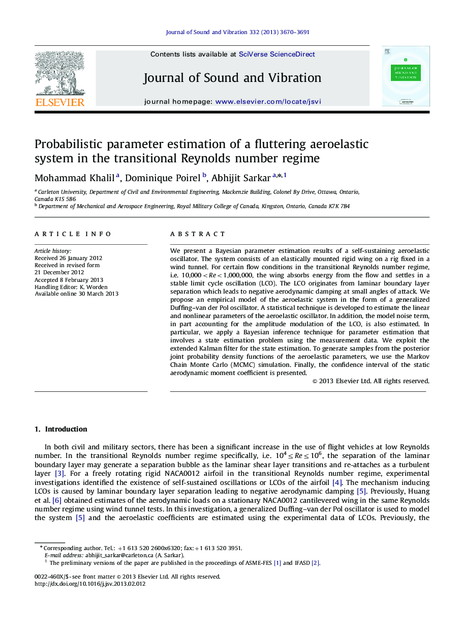 Probabilistic parameter estimation of a fluttering aeroelastic system in the transitional Reynolds number regime