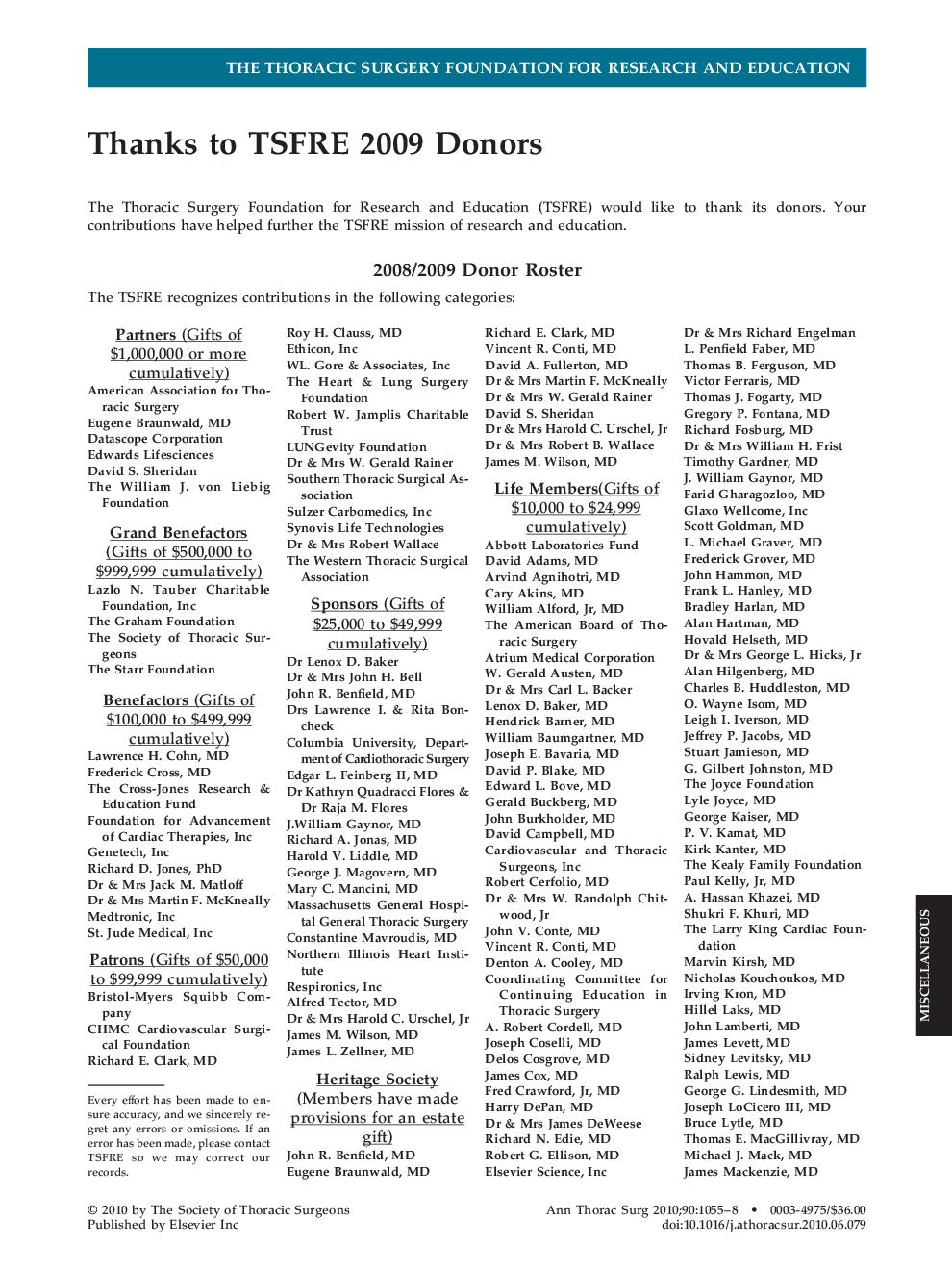 Thanks to TSFRE 2009 Donors