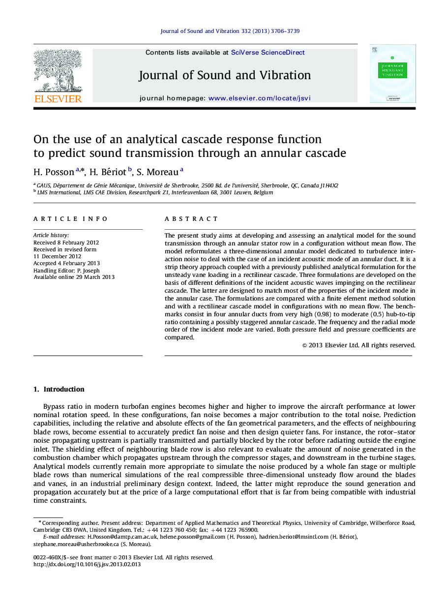 On the use of an analytical cascade response function to predict sound transmission through an annular cascade