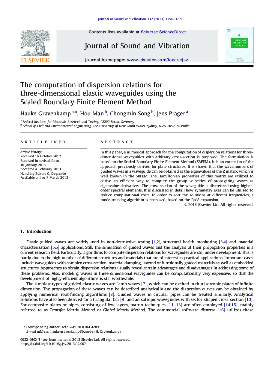 The computation of dispersion relations for three-dimensional elastic waveguides using the Scaled Boundary Finite Element Method