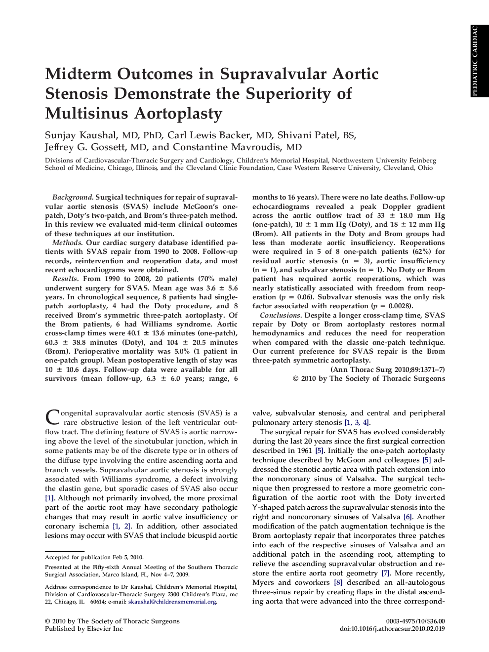 Midterm Outcomes in Supravalvular Aortic Stenosis Demonstrate the Superiority of Multisinus Aortoplasty