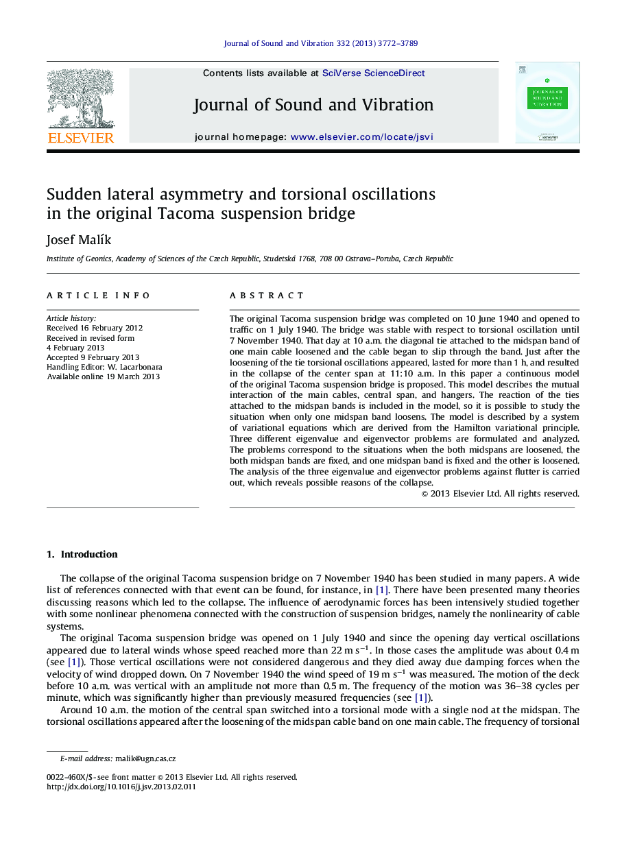 Sudden lateral asymmetry and torsional oscillations in the original Tacoma suspension bridge